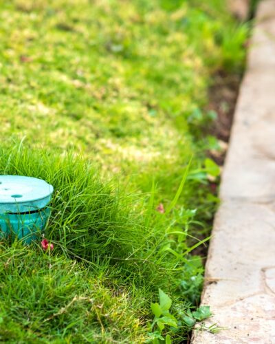 Closeup of green plastic pipe with cover on green grass lawn